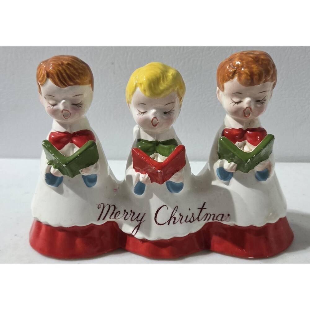 Vintage Ceramic Choir Boy Trio Single Candle Holder Merry Christmas Japan